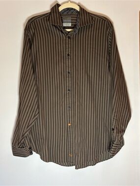 Thomas Dean Brown Striped Long-Sleeve Dress Shirt